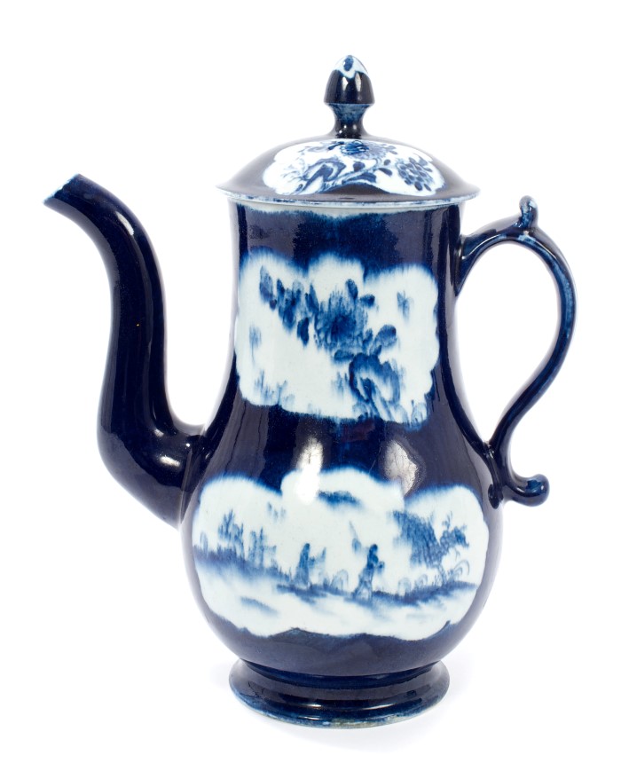 18th century Lowestoft blue and white coffee pot and cover with chinoiserie landscape and flower