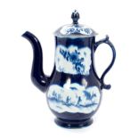 18th century Lowestoft blue and white coffee pot and cover with chinoiserie landscape and flower