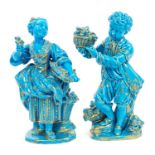 Pair Victorian Minton porcelain figures of boy and girl with baskets of flowers with gilt