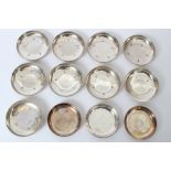 Set of nine contemporary silver dishes of circular form,