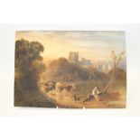 19th century English School watercolour - cattle watering before abbey ruins,