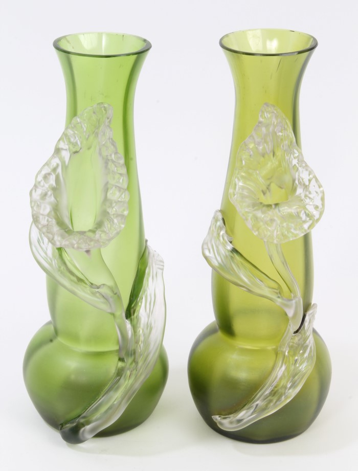 Pair Edwardian Art Nouveau green and clear glass vases with applied flower and stem decoration,