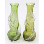Pair Edwardian Art Nouveau green and clear glass vases with applied flower and stem decoration,