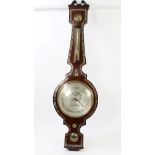 Good quality George IV rosewood banjo-shaped barometer / thermometer with ornate mother of pearl