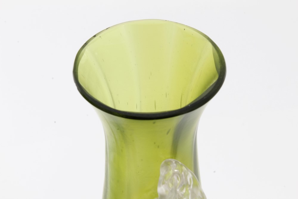 Pair Edwardian Art Nouveau green and clear glass vases with applied flower and stem decoration, - Image 5 of 6
