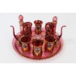 Bohemian ruby and gilded glass Ottoman market liqueur set with painted portraits of Mohammad Shah