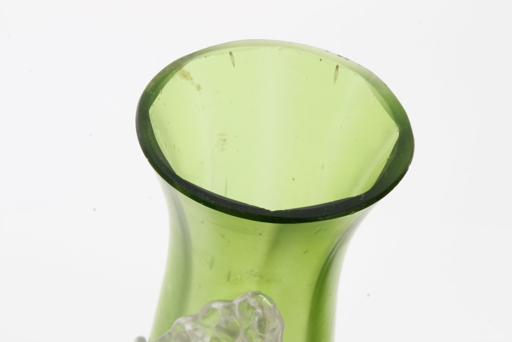 Pair Edwardian Art Nouveau green and clear glass vases with applied flower and stem decoration, - Image 3 of 6
