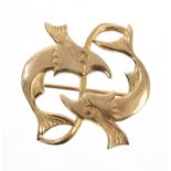 9ct gold Ivan Tarratt brooch, designed by Geoffrey Bellamy, modelled as two stylised dolphins,
