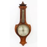 Late Victorian barometer thermometer with silvered scales, in marquetry inlaid rosewood case,