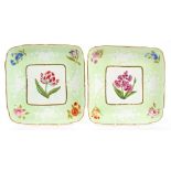 Pair early 19th century Coalport square dessert dishes with polychrome painted flowers,