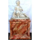 Good mid-19th century white marble sculpture depicting an infant holding a bird and cat seated
