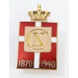 Georg Jensen 14ct gold and enamel Danish Royal Family presentation lapel badge with King Christian