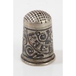 Russian pre-revolutionary silver and niello thimble with Cyrillic script banner, 84 mark, 2.