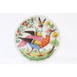 19th century French Chelsea-style plate with polychrome painted exotic bird and floral decoration