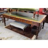 Victorian mahogany partners desk with leatherette top, three drawers to each side, on turned legs,