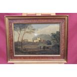 19th century Naive School oil on canvas - figures on horseback in parkland with a castle beyond,