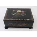 Early Victorian papier mâché workbox of rectangular form, raised on squat bun feet,