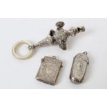 Victorian silver child's rattle with embossed decoration, four bells (one lacking), whistle,