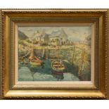 Donald Greig (1916 - 2009), oil on board - fishing boats in the harbour, signed, in gilt frame,
