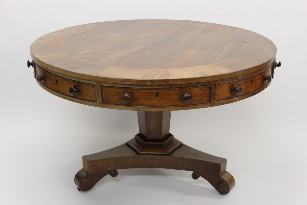 Good George IV mahogany and tulipwood crossbanded drum table with radically veneered top and having