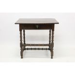 Late 17th century oak side table, the plank top with cleated ends, over frieze drawer,