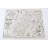 John Speed, 17th century engraved map of Northamptonshire, sold by George Humbell, with text verso,