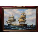 James Hardy, contemporary oil on board - American sea battle, signed, in gilt frame,