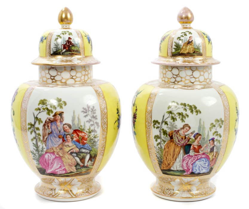 Pair late 19th century Dresden porcelain vases and covers with polychrome painted figure and floral