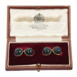 Pair good quality 9ct gold mounted moss agate cufflinks with polished sugar loaf cabochon green