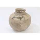 Ancient Indus Valley Culture terracotta bulbous vessel with ringed collar and painted goat
