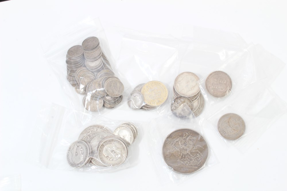 G.B. pre-1920 silver coins - to include Victoria J.H. Crown - 1890. F and others (N.B. - Image 2 of 2