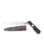 Good quality folding hunting knife with black chequered wood grip and long Bowie-style blade,