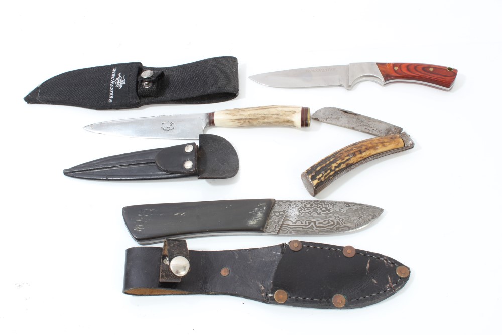 Good quality contemporary hunting knife with watered steel blade and horn grip,