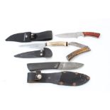 Good quality contemporary hunting knife with watered steel blade and horn grip,