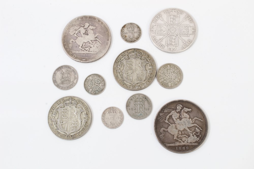 G.B. mixed silver coinage - to include Victoria J.H. Crown - 1889. VG, Double Florin - 1889.