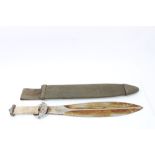 First World War Welsh fighting knife with rope-bound grip and broad leaf-shaped blade,