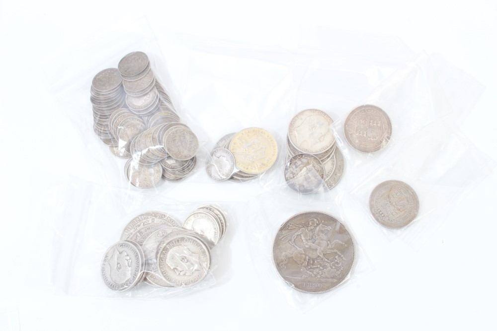 G.B. pre-1920 silver coins - to include Victoria J.H. Crown - 1890. F and others (N.B.