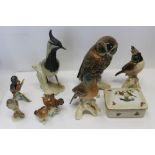 Karl Ens porcelain owl, four other Karl Ens birds, Goebel Kingfisher,