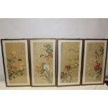 Four early 20th century Chinese silk scrolls - hand-painted flowers and insects, blossom and birds,