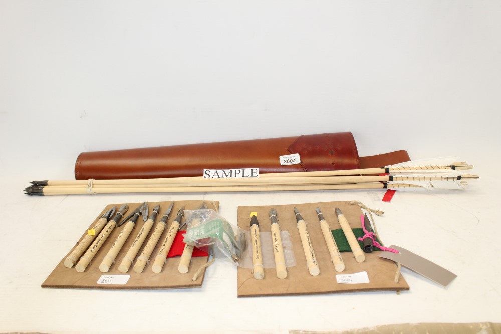 Group of replica weapons - including a Medieval longbow with six arrows, in leather case,