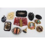 Group antique jewellery - including mourning brooches, bloodstone gilt seal, paste set buckle,