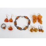 Four pairs of amber / amber-type earrings, gold mounted pendant,