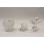 Lalique glass bear, signed, Lalique glass candle vase, boxed and a Baccarat glass cherub,