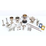 Dolls' house silver and other white metal scale-model items - including dishes, musical instrument,