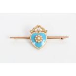 Edwardian seed pearl and enamel heart-shaped brooch with a central seed pearl cluster on turquoise