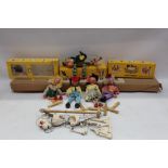 Pelham Puppets - Baby Dragon, in original yellow box, plus skeleton, two girls and two boys,