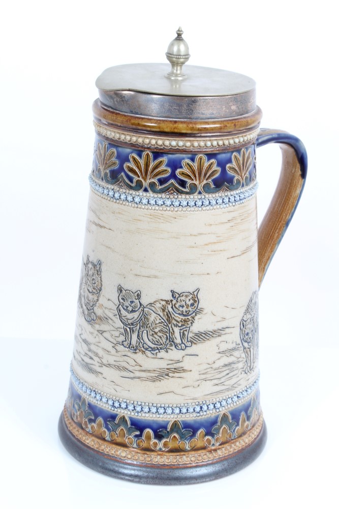 19th century Doulton Lambeth Hannah Barlow stoneware jug with silver rim, - Image 2 of 7