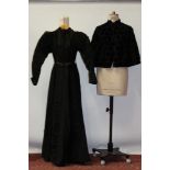 Ladies' black silk Victorian dress - boned and pleated bodice, small button fastening,