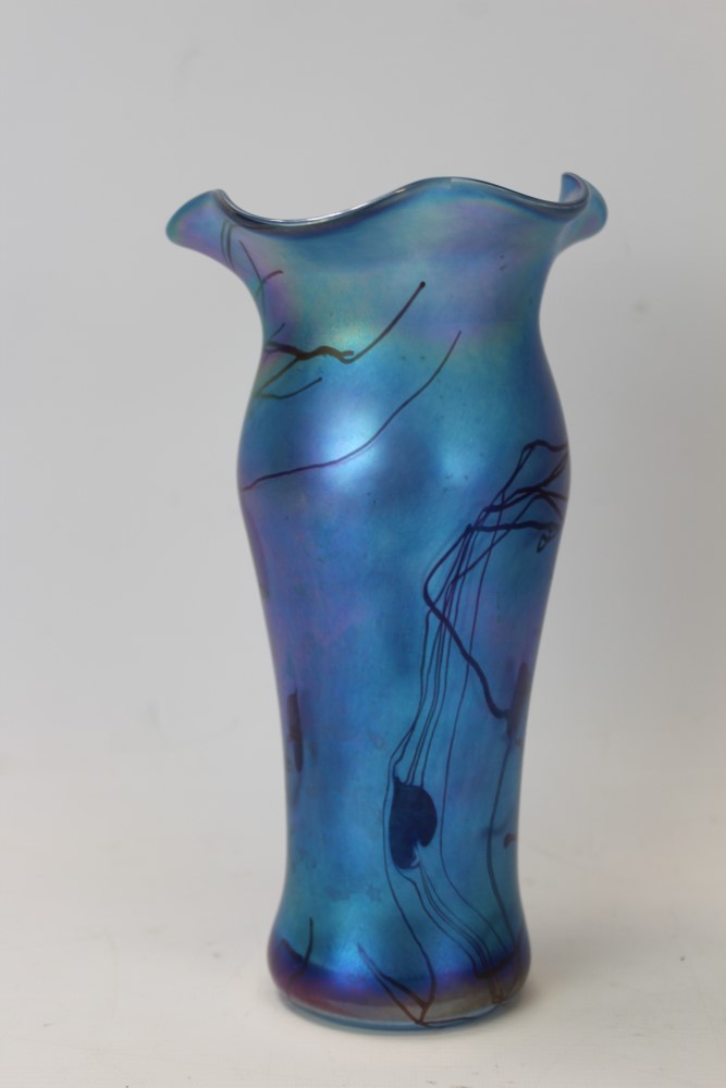 John Ditchfield blue iridescent glass vase with flared rim, 23.