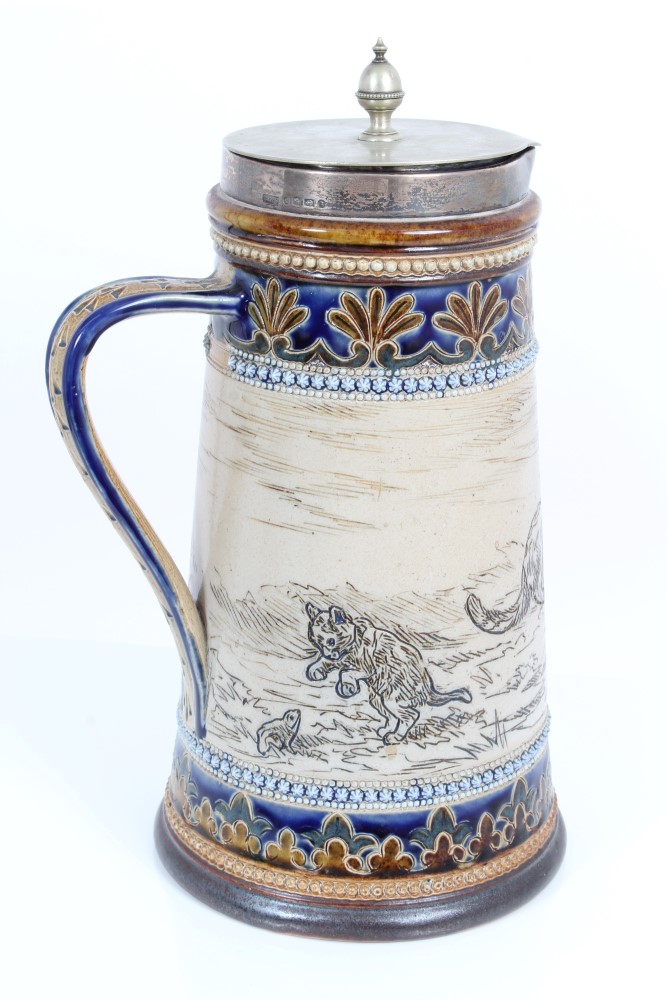 19th century Doulton Lambeth Hannah Barlow stoneware jug with silver rim, - Image 4 of 7